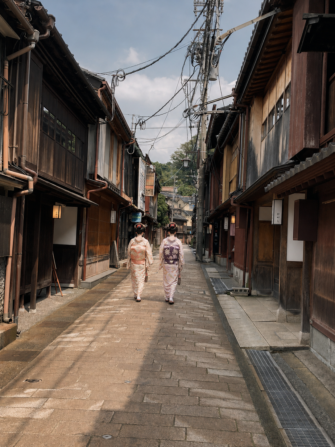 El eco de la tradición: geishas caminando por el distrito de casas de té de Higashi Chaya en Kanazawa.