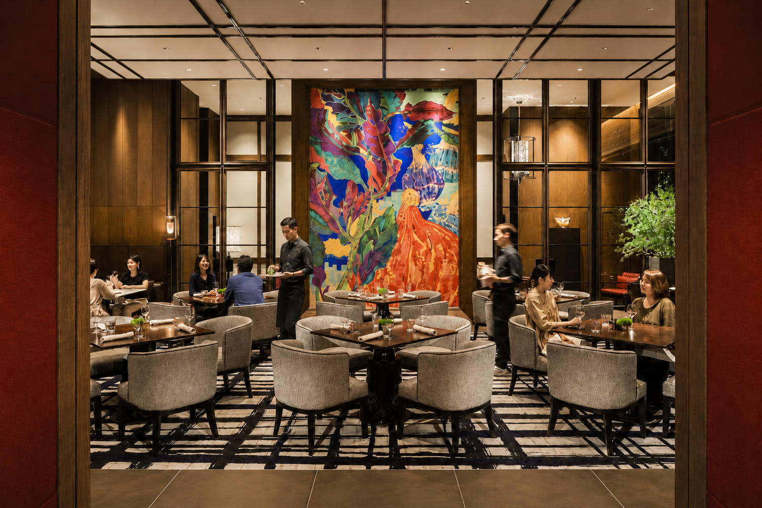 Sofisticación nocturna: diseño de interiores y arte contemporáneo en el comedor del Hyatt Centric Kanazawa.
