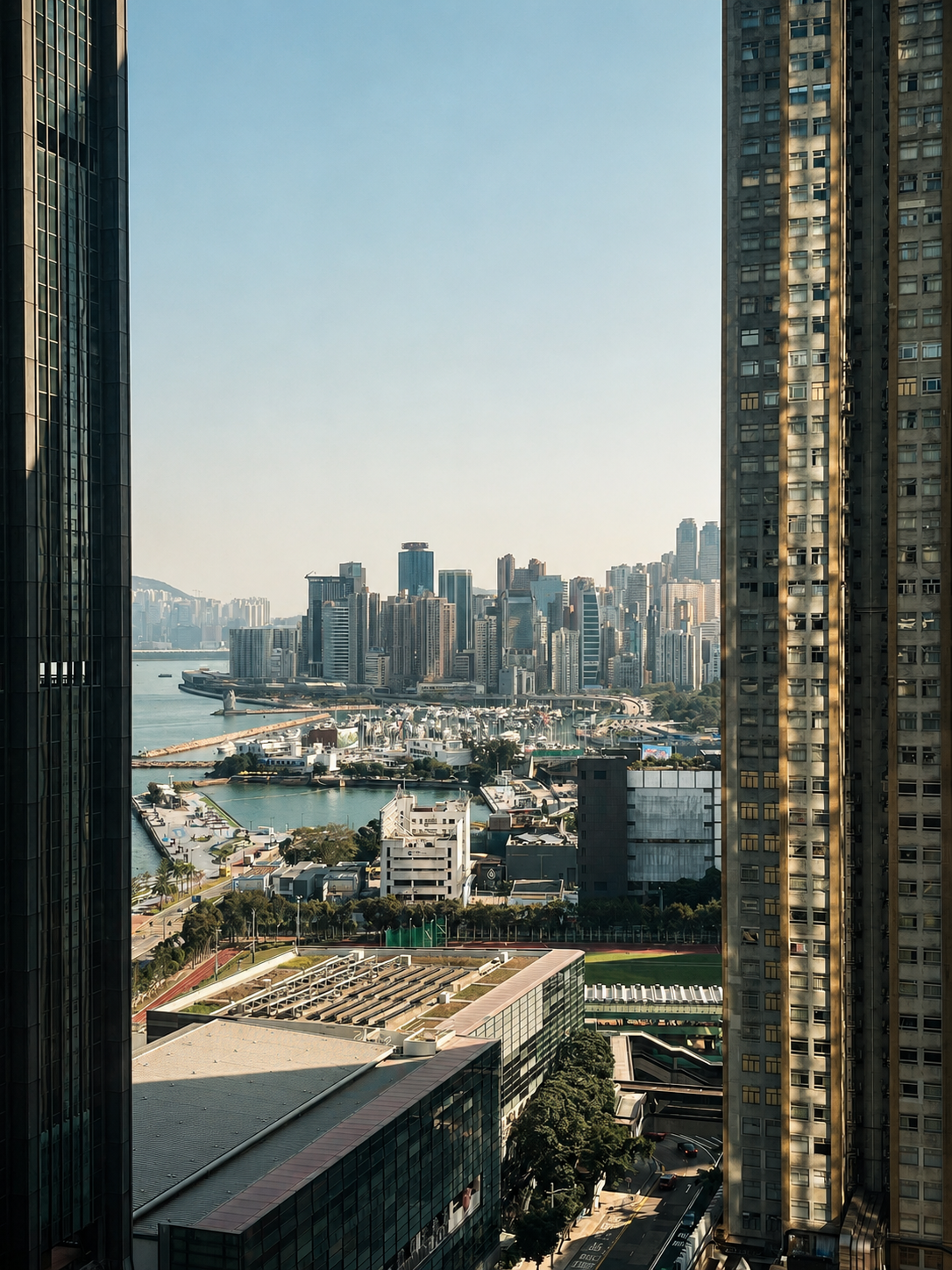 Vista de la bahía de Hong Kong desde piso alto en The St. Regis Hong Kong