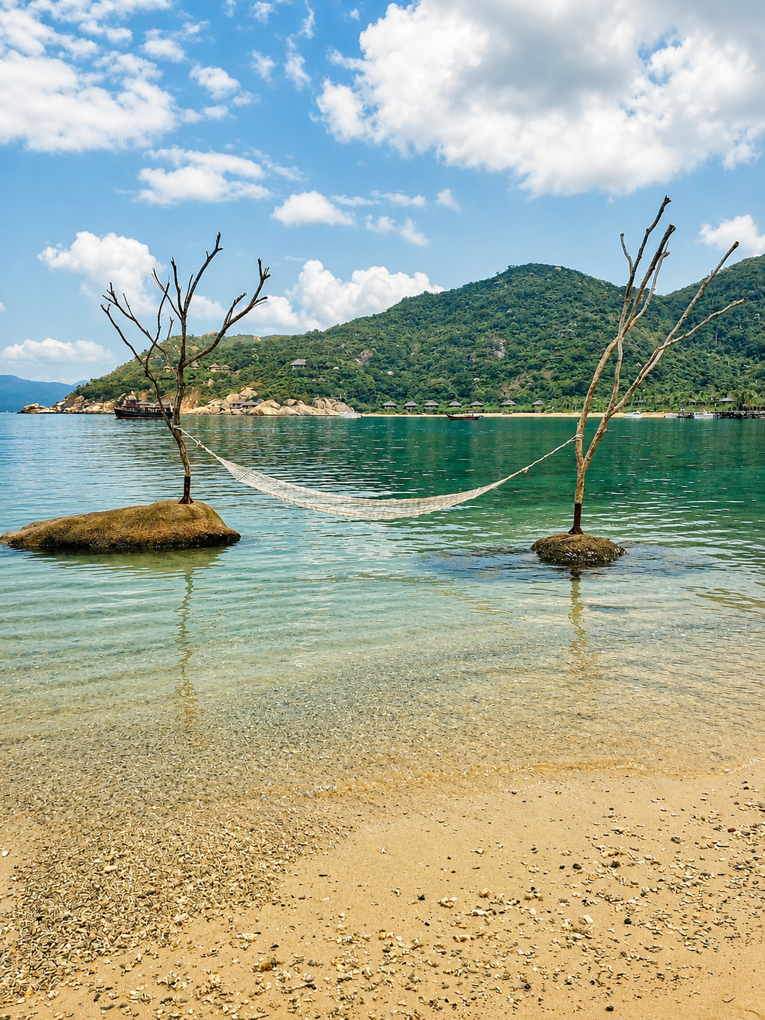 Hamaca suspendida en el mar sobre rocas en la playa del hotel de lujo Six Senses Ninh Van Bay en Vietnam, representando el concepto de barefoot luxury.