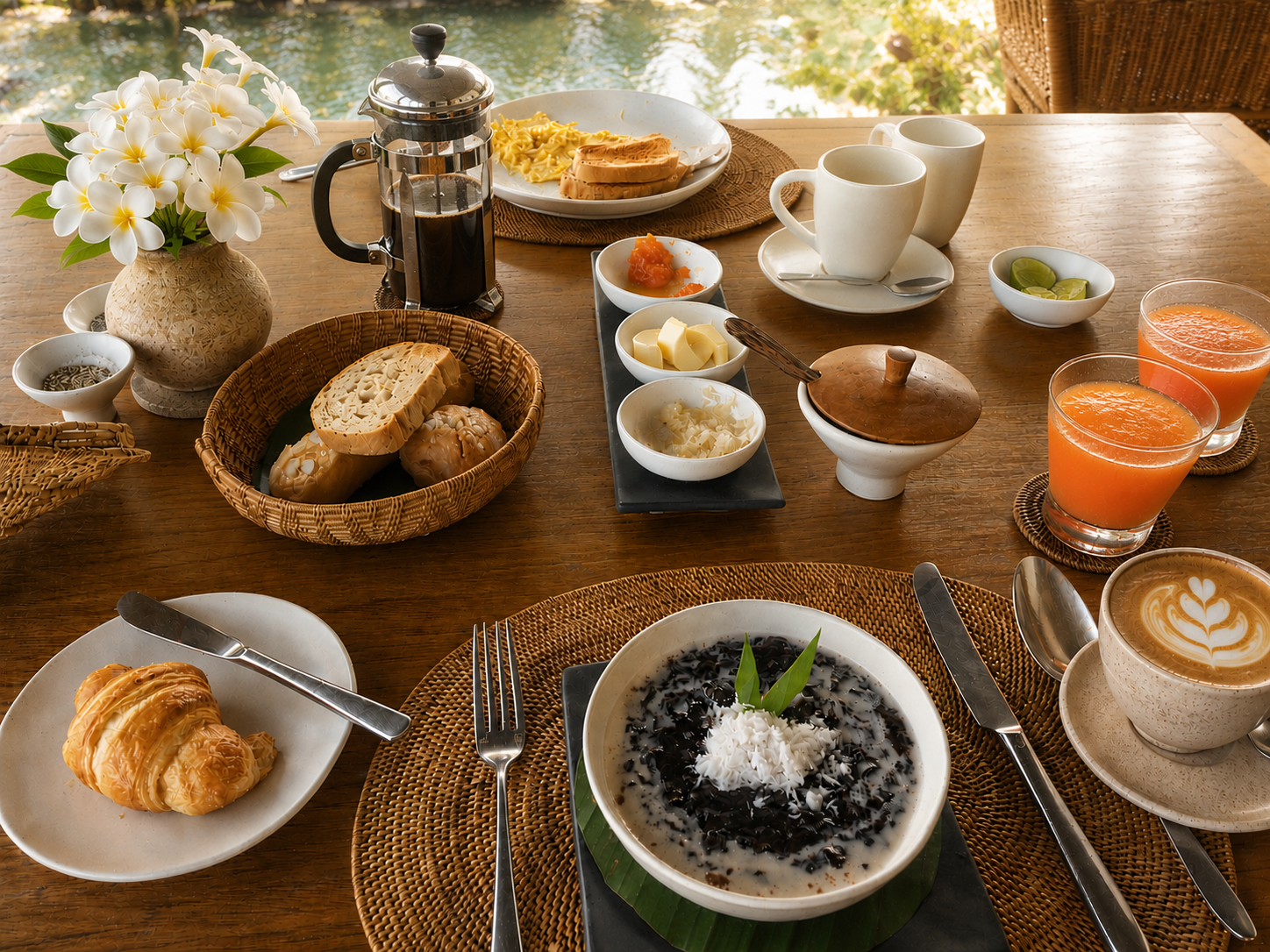Desayuno tradicional e indonesia contemporánea en el Seasalt Restaurant de Alila Manggis, Bali, con frutas, café y jugos naturales frente al estanque de lotos.
