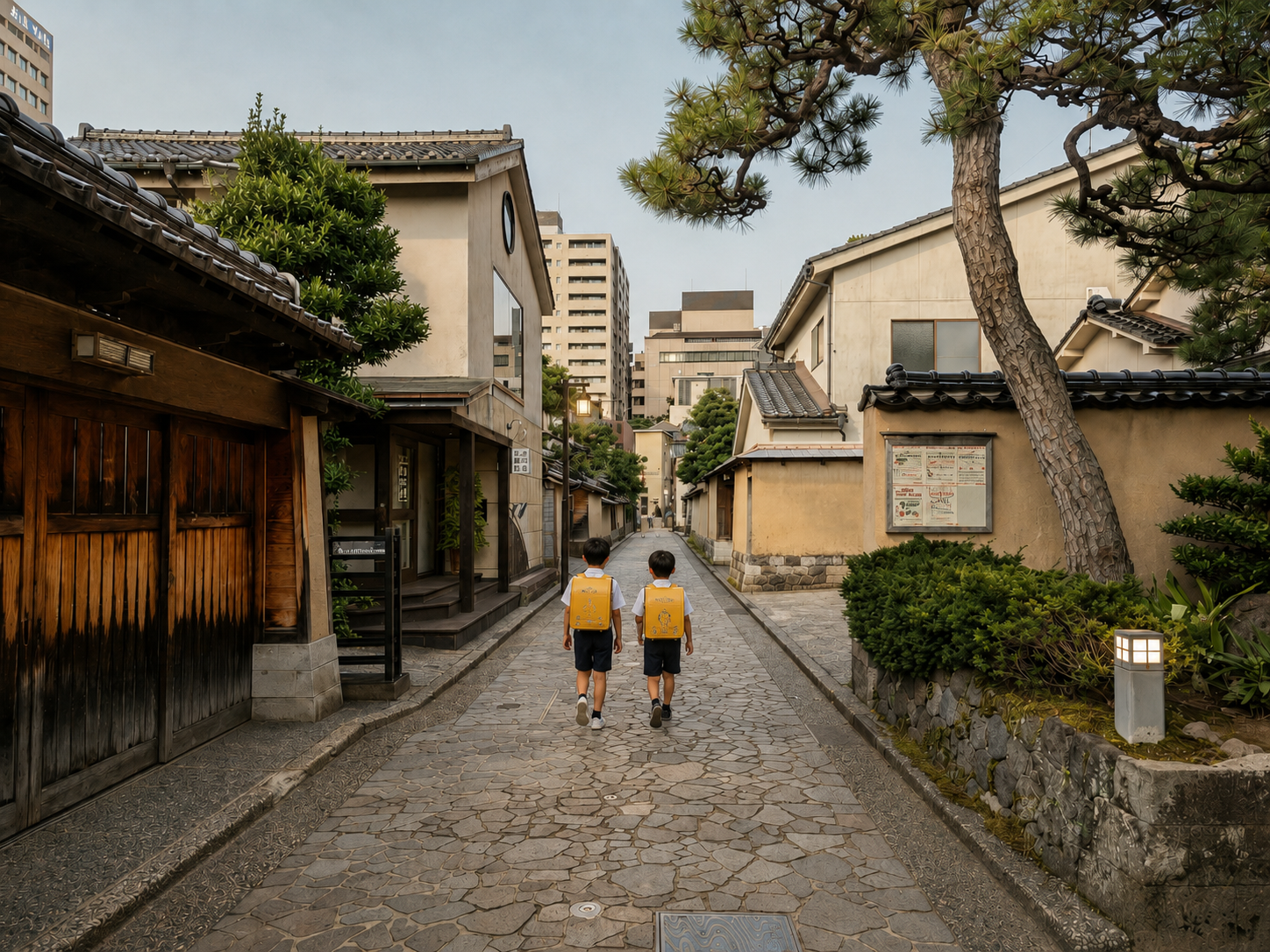 Perspectiva de una calle empedrada tradicional con muros de barro y casas de madera históricas en el distrito samurái de Nagamachi, Kanazawa.