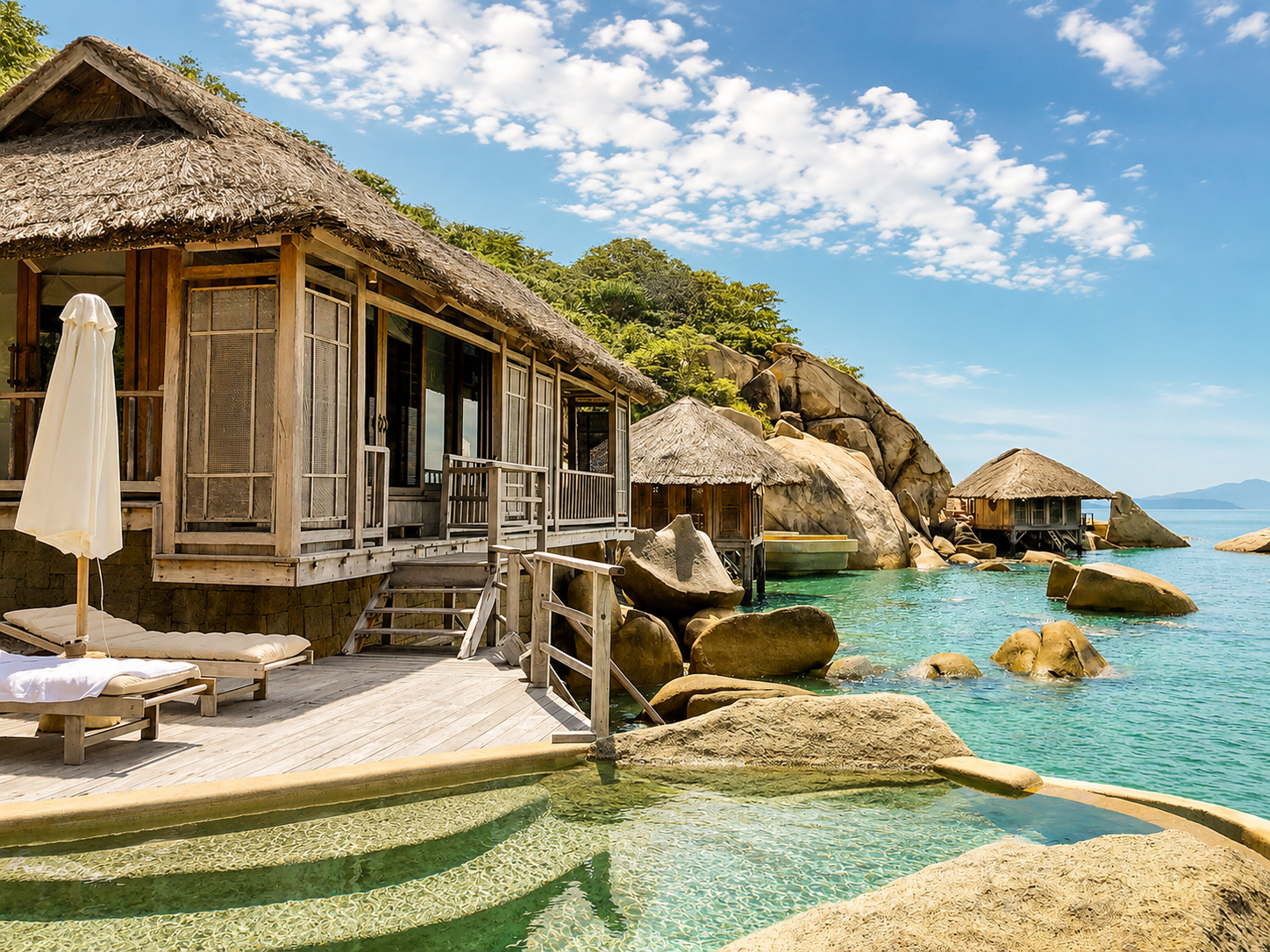 Villas de madera sostenible y arquitectura orgánica en el hotel de lujo Six Senses Ninh Van Bay en Vietnam.