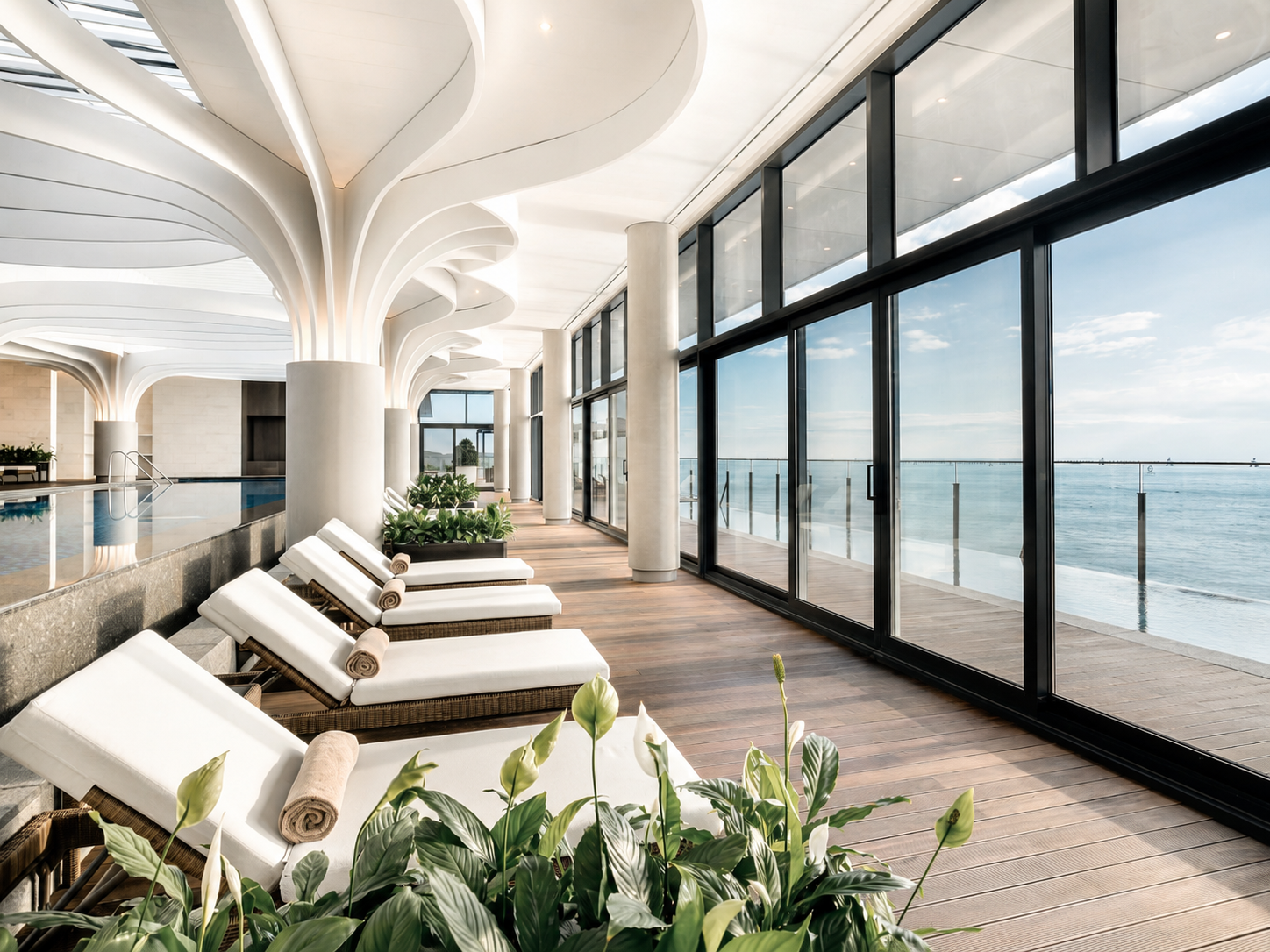 Interior del spa de lujo Water House en el Hotel Ananti de Busan, mostrando camastros de relajación y ventanales con vista al mar.