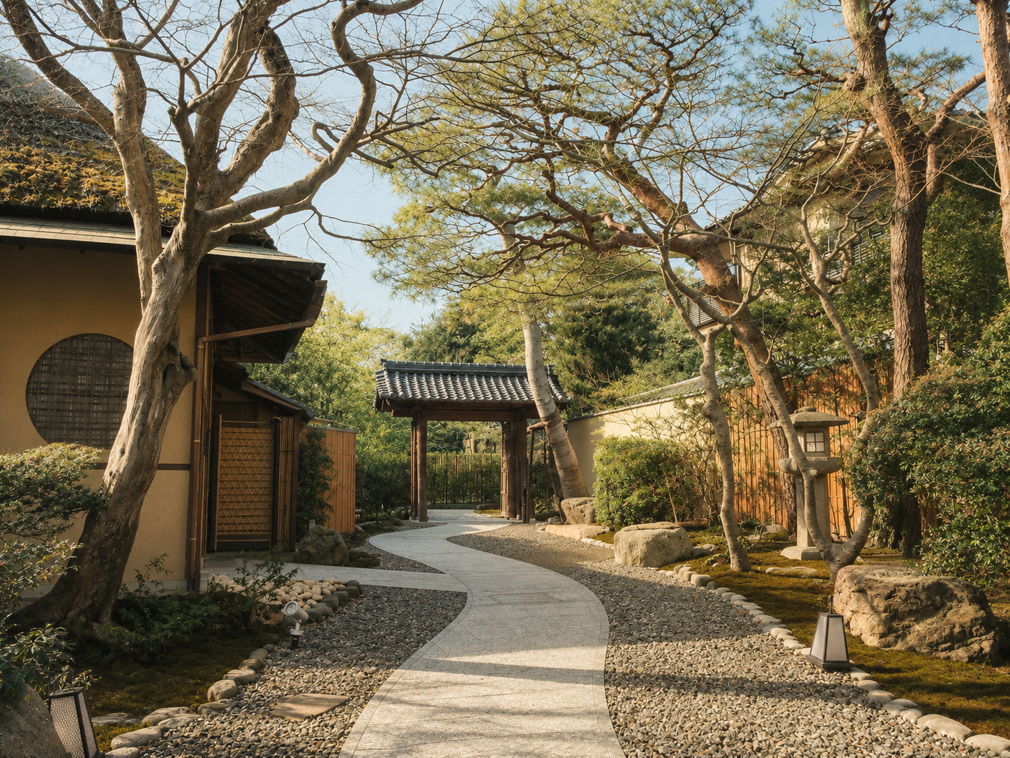 Sendero de piedra sinuoso a través del jardín zen japonés en Suiran, a Luxury Collection Hotel, Kyoto, rodeado de árboles tradicionales, linternas de piedra y arquitectura de la era Meiji bajo una luz cálida de la tarde.