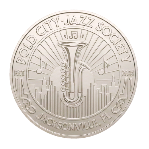 A silver coin featuring a musical saxophone with musical notes and cityscape in the background, with text around the edge reading 'Bold City Jazz Society,' 'Est. 2024,' and 'Jacksonville, FL.'