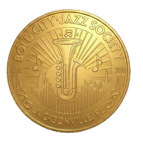 Gold coin featuring a saxophone with musical notes and city skyline, inscriptions include Bold City Jazz Society, Jacksonville, FL, established 2014.