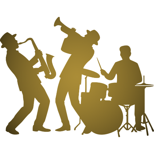 Silhouettes of four musicians playing instruments: a saxophone, a trumpet, drums, and a keyboard.
