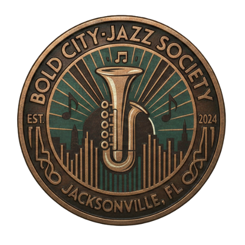 A round emblem for the Bold City Jazz Society, established in 2024, featuring a saxophone with musical notes and a city skyline in the background, in Jacksonville, Florida.