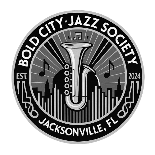 Logo for Bold City Jazz Society featuring a saxophone, music notes, and city skyline, with text 'Bold City Jazz Society', 'Jacksonville, FL', established 2024.