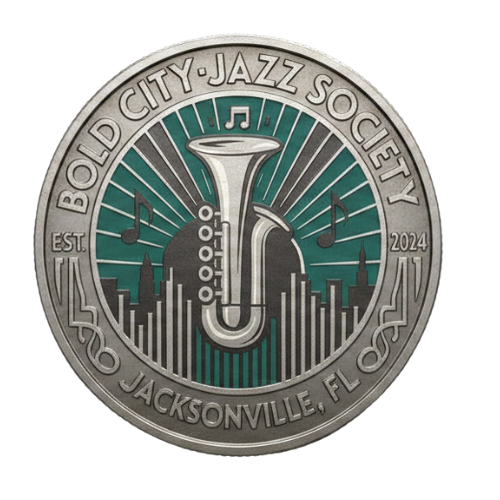 A circular emblem for the Bold City Jazz Society in Jacksonville, Florida, featuring a tuba, musical notes, city skyline, and the year 2024.