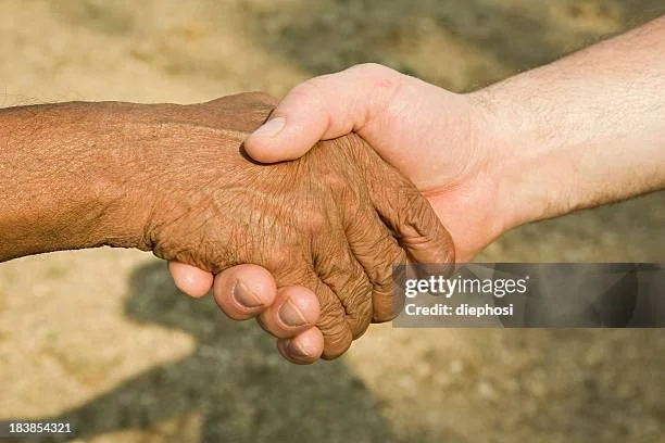 A handshake between a dark-skinned and a light-skinned person.