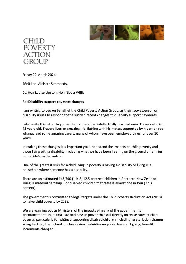 Letter to Minister for Disability Issues Penny Simmonds (March 2024)