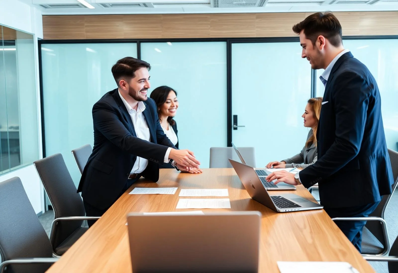 Business meeting in a modern conference room with professionals, two men and two women, exchanging handshake and working on laptops.