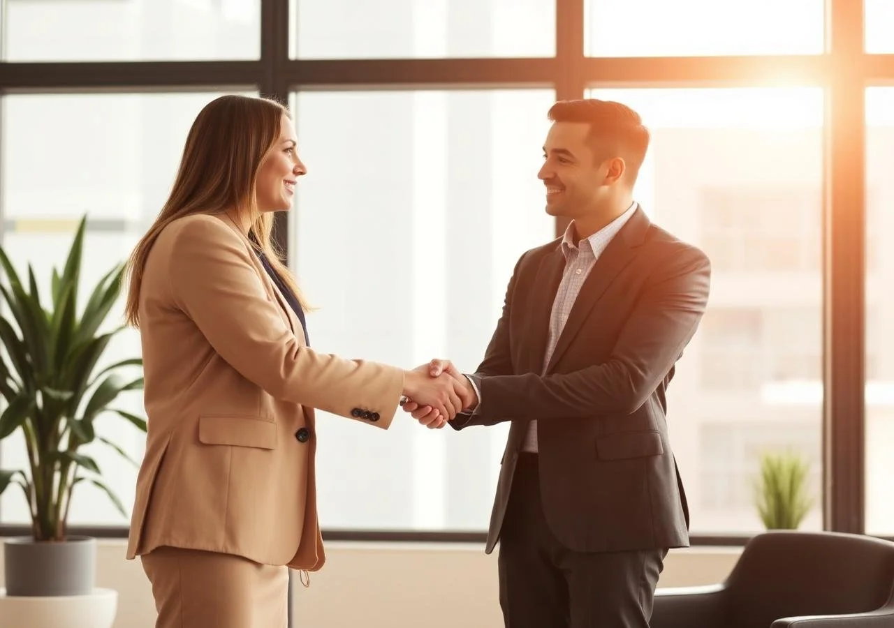 A man and woman in business attire shaking hands and smiling in an office with large windows and indoor plants.