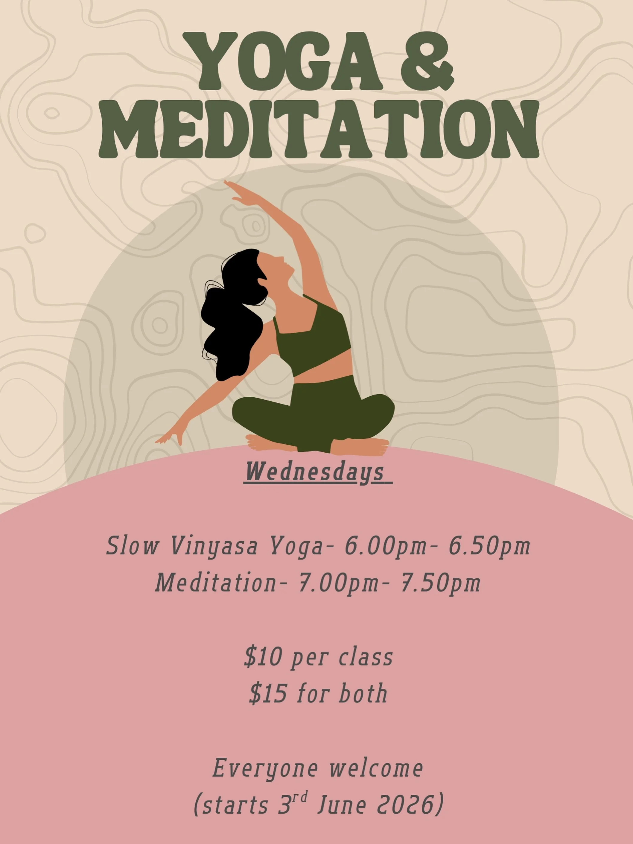 ✨ Yoga &amp; Meditation Classes - starting Wednesday 3rd June ✨

I&rsquo;m so excited to be offering my very first weekly classes!

🧘&zwj;♀️ Slow Yoga | 6:00pm &ndash; 6:50pm
🌙 Meditation | 7:00pm &ndash; 7:50pm

Whether you&rsquo;re completely new
