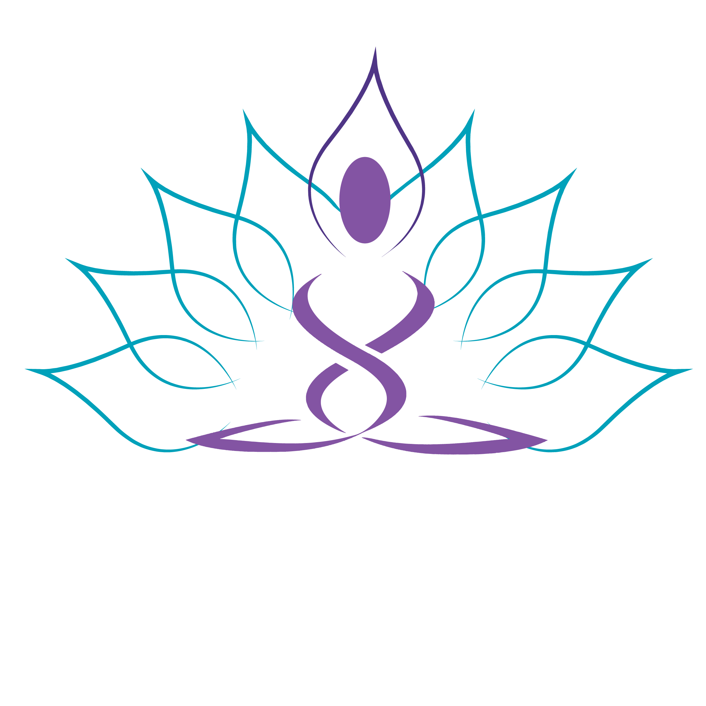 A stylized design featuring a purple crescent moon intertwined with a purple flourish pattern, surrounded by blue symmetrical decorative elements on a black background.