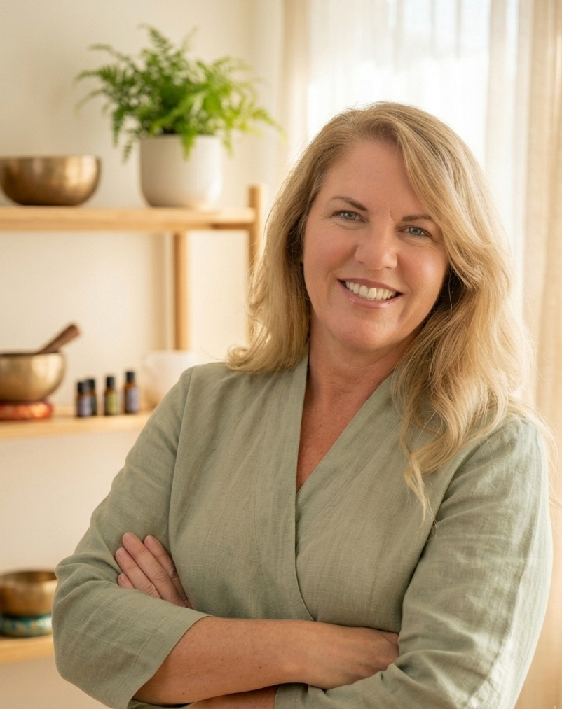 A smiling woman with blonde hair, wearing a light green blouse, standing with her arms crossed in a room with shelves of bowls, jars, and a potted plant in the background.