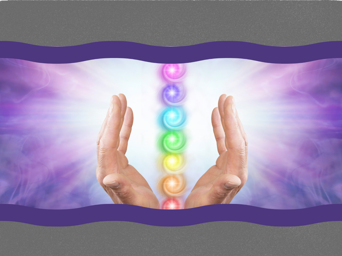 A pair of hands surrounded by colorful swirling lights in various colors, with a mystical or spiritual background suggesting energy or healing.