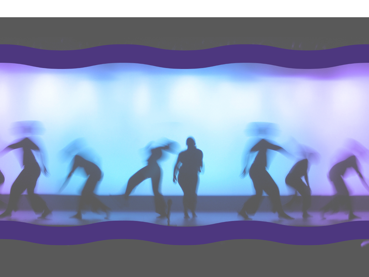 Silhouettes of people dancing against a colorful abstract background with purple, blue, and white hues.