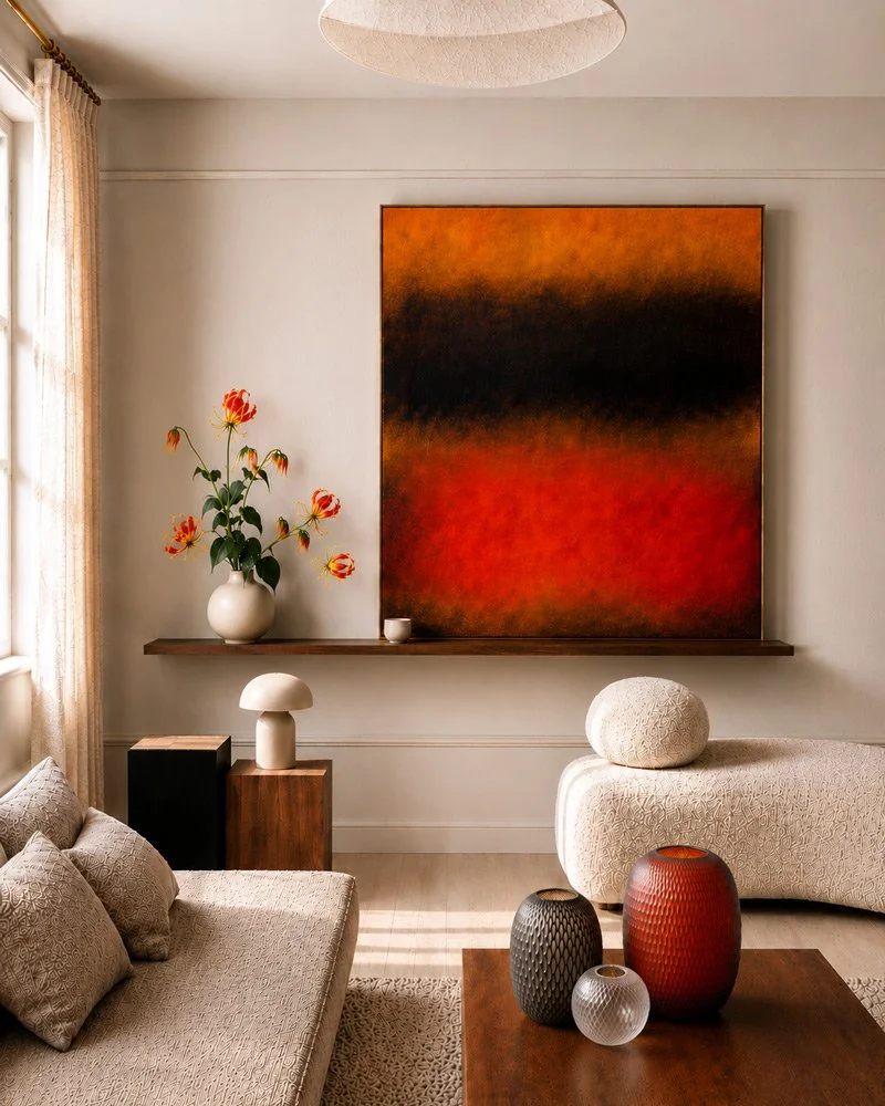 Living room with abstract orange and black painting, cream-colored furniture, decorative vases on the coffee table, and a vase with orange flowers on a hanging shelf.