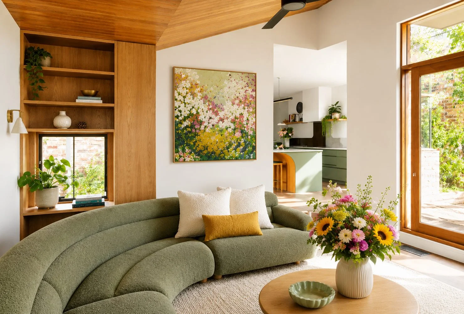 Living room with green curved sofa, white and yellow pillows, a round wooden coffee table with a vase of mixed flowers, large windows with wooden frames, and a built-in wooden shelf with decorative items and plants, leading into a kitchen area with green cabinetry.
