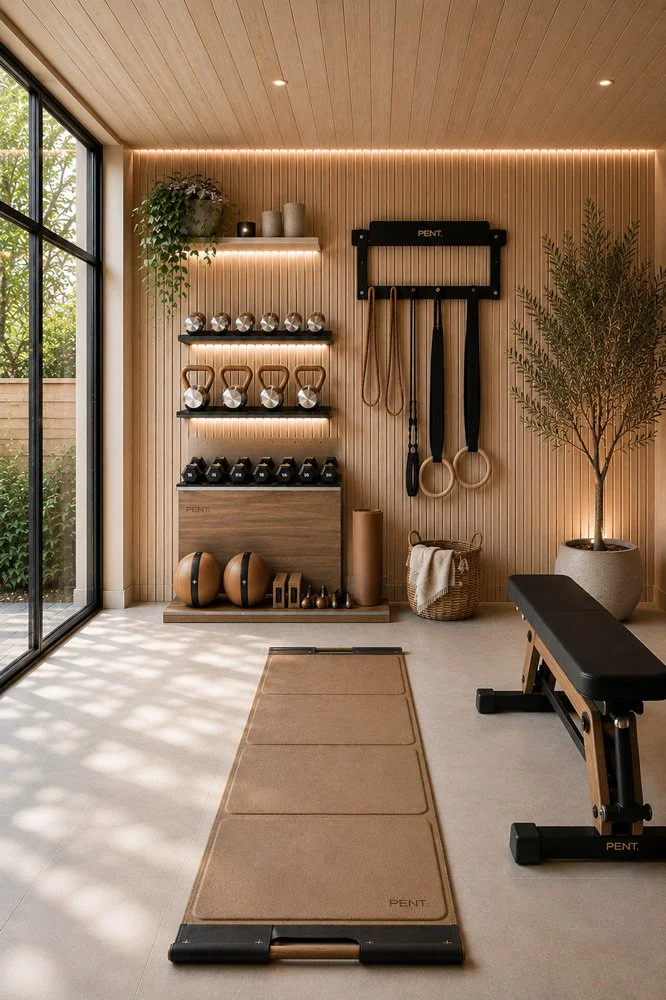 Home gym with wooden wall, shelves with weights and kettlebells, exercise equipment, and a large potted plant by a window