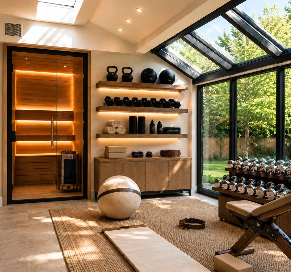 A modern fitness room with large glass windows, displaying a view of trees and greenery outside. The room features various workout equipment including dumbbells, kettlebells, medicine balls, towels, and a wooden bench. There is a sauna on the left side with warm lighting, a yoga mat, and a large exercise ball. The space is well-lit with natural and artificial lighting.