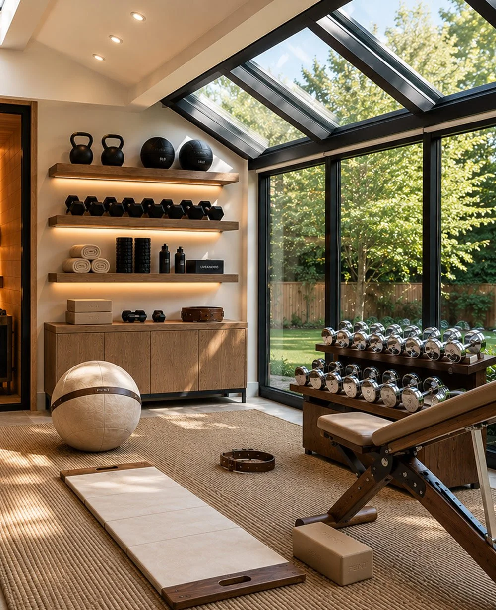 Modern home gym with wooden shelving, black and silver kettlebells, medicine balls, dumbbells, neatly rolled towels, workout mats, an exercise ball, benches, and a large glass window showing a backyard with greenery.