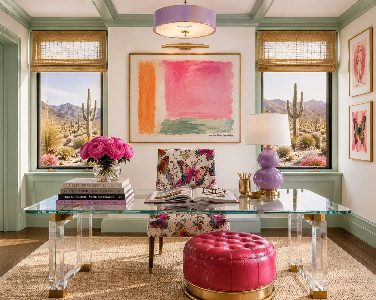 Bright, colorful office with desert landscape view through two large windows, pink peonies in a glass vase, books, a butterfly-patterned chair, pink ottoman, purple lamp, and artwork featuring butterflies and abstract shapes.