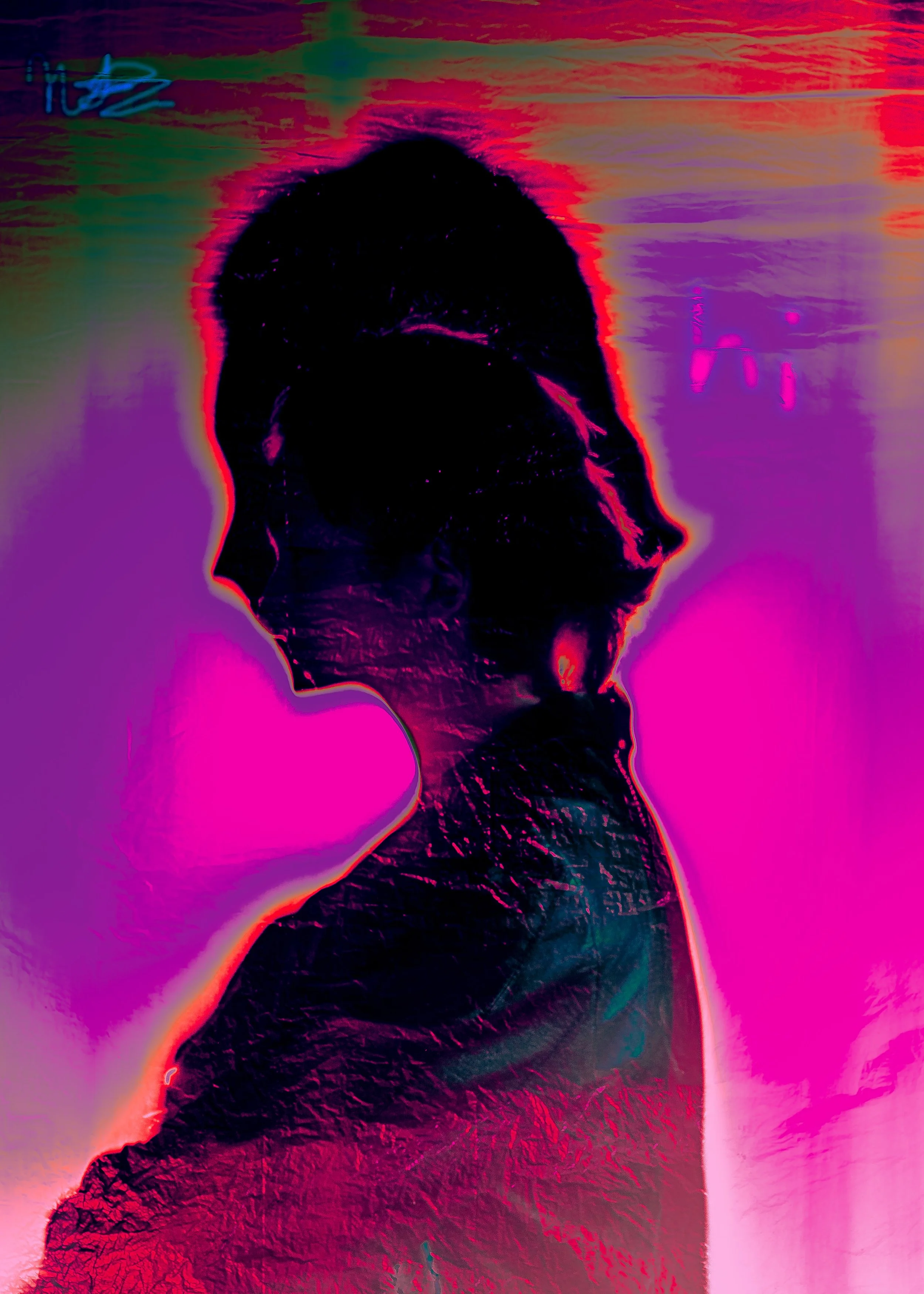 Stylized, abstract digital art of a person's silhouette with a colorful, neon-like background and textures.