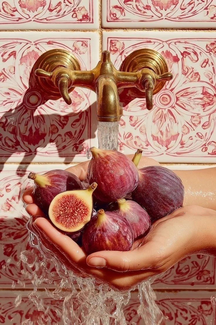 A hand holding a bunch of fresh figs in front of a vintage gold faucet with water flowing over the figs, with decorative pink and white tiles in the background.