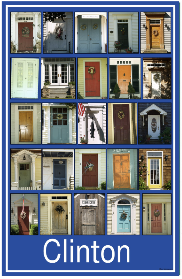 A collage of various colorful front doors on different houses, with the name "Clinton" displayed at the bottom.