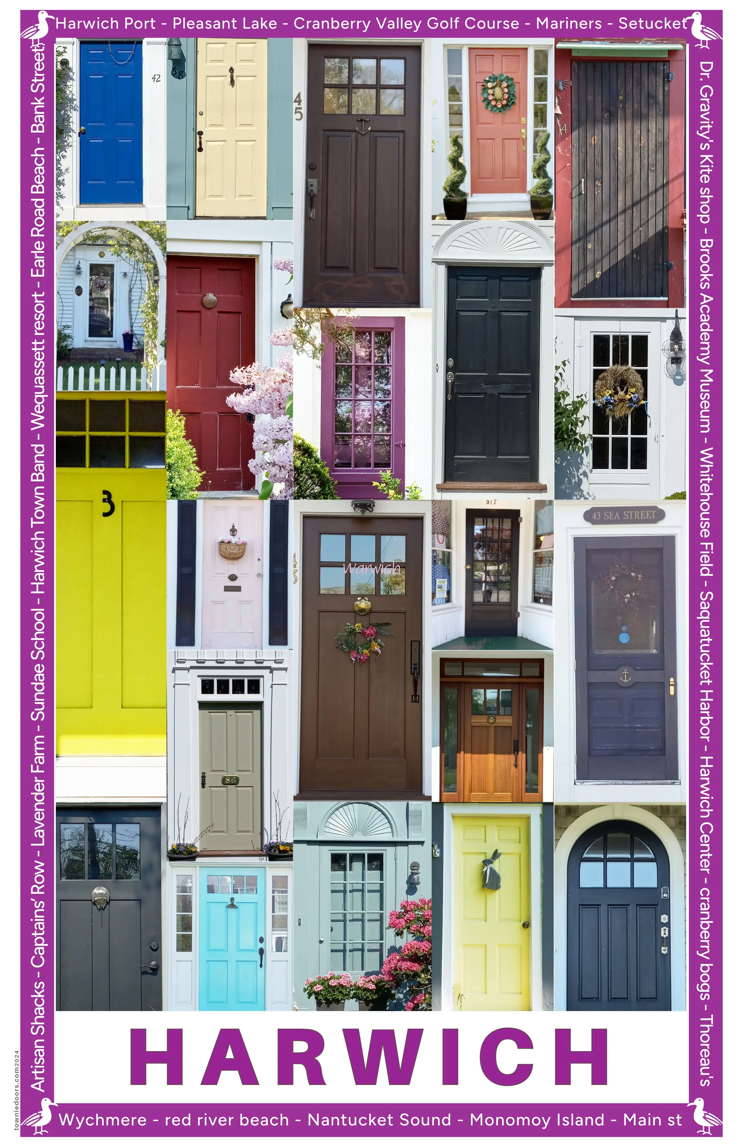 Collage of various front doors from different houses, each with unique colors and decorations, along with purple borders containing text about Harwich, Massachusetts locations, and a large purple 'HARWICH' text at the bottom.