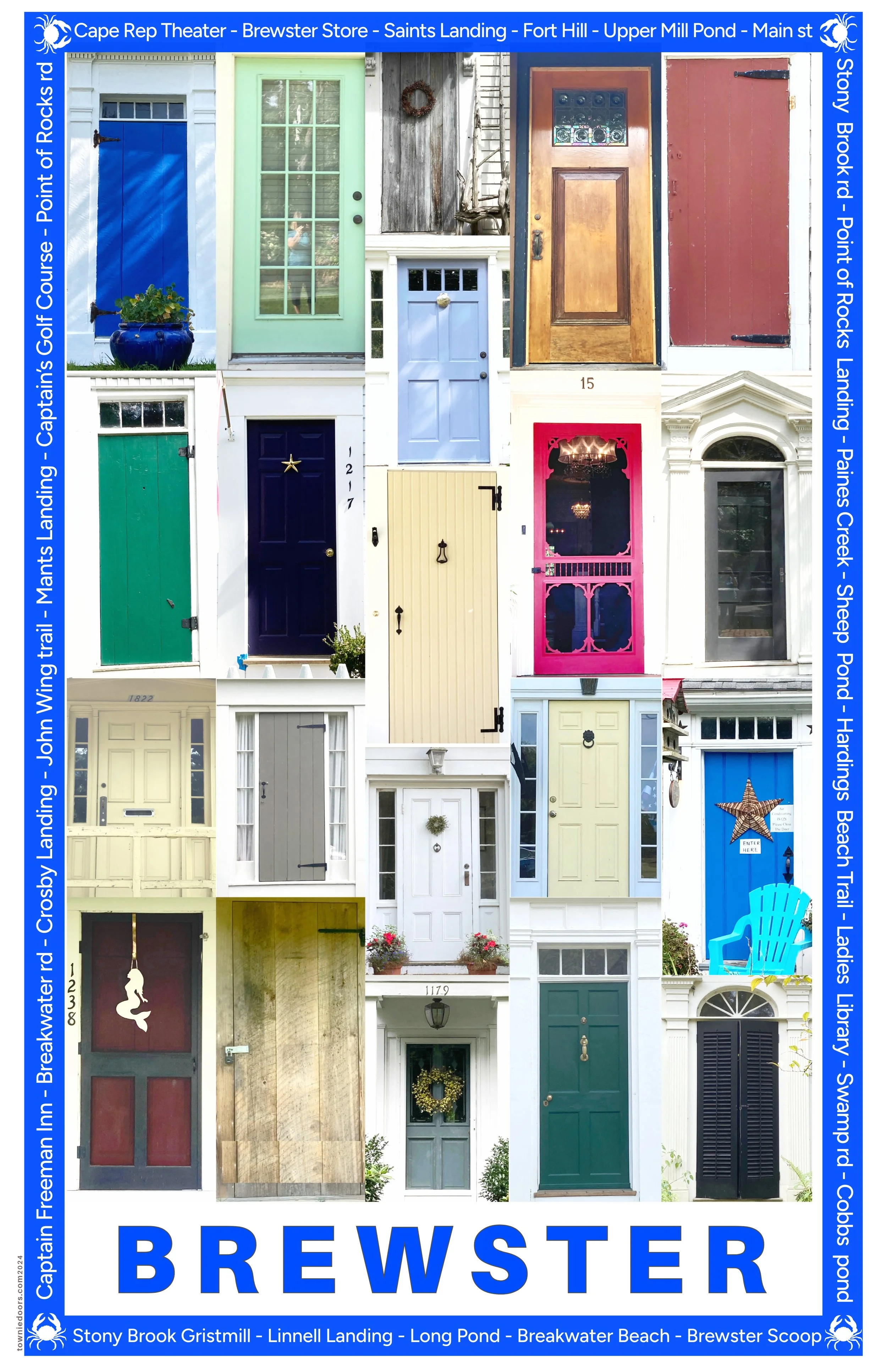 A collage of colorful doors from houses in Brewster, highlighting the town's architecture and charm.
