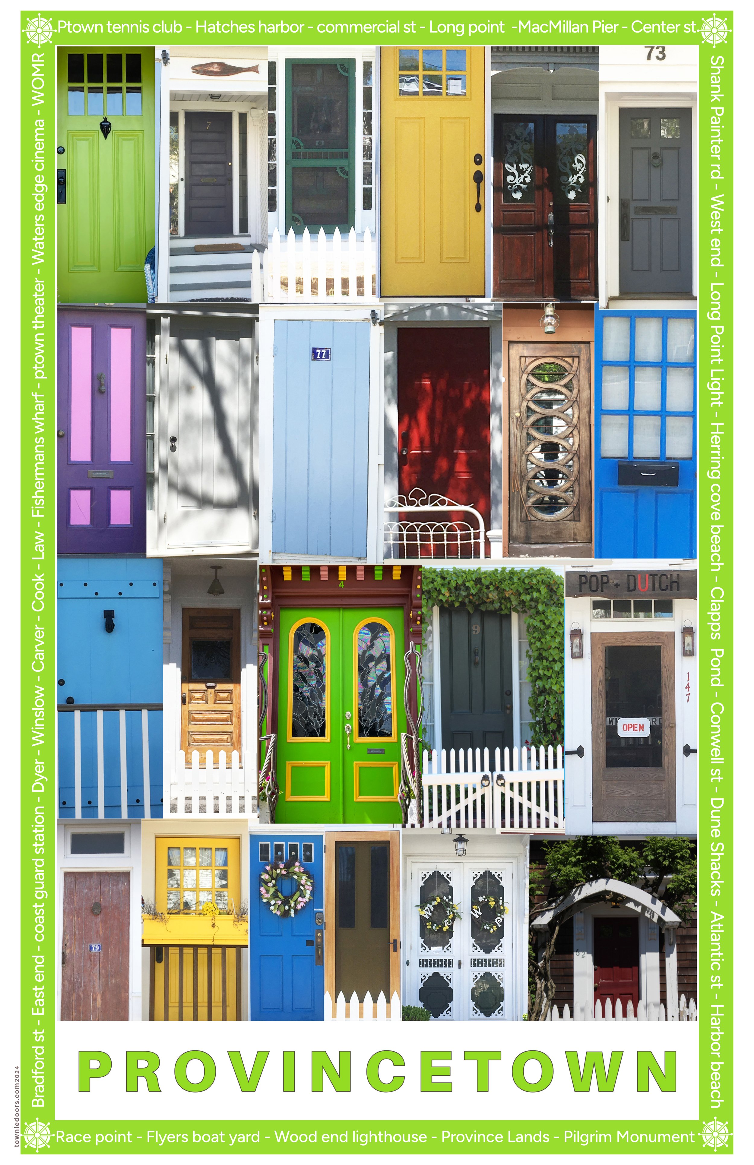 Collage of colorful house doors in Provincetown with details like wreaths, signs, and decorative features.