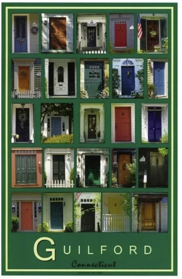 A collage of colorful and uniquely designed doors from homes in Guilford, Connecticut, arranged in a grid pattern with green borders and the text 'Guilford Connecticut' at the bottom.