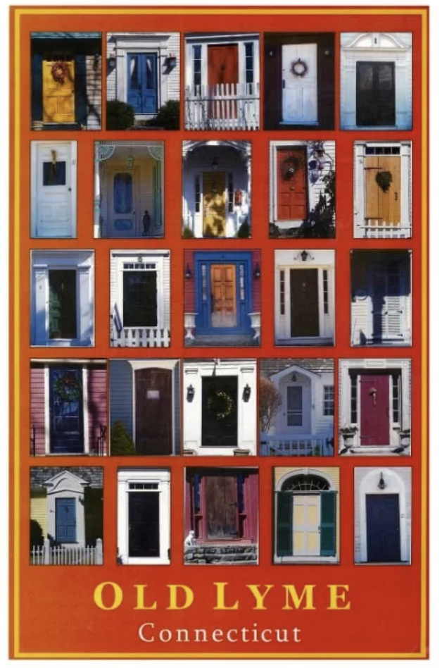 Collection of colorful house doors from Old Lyme, Connecticut.