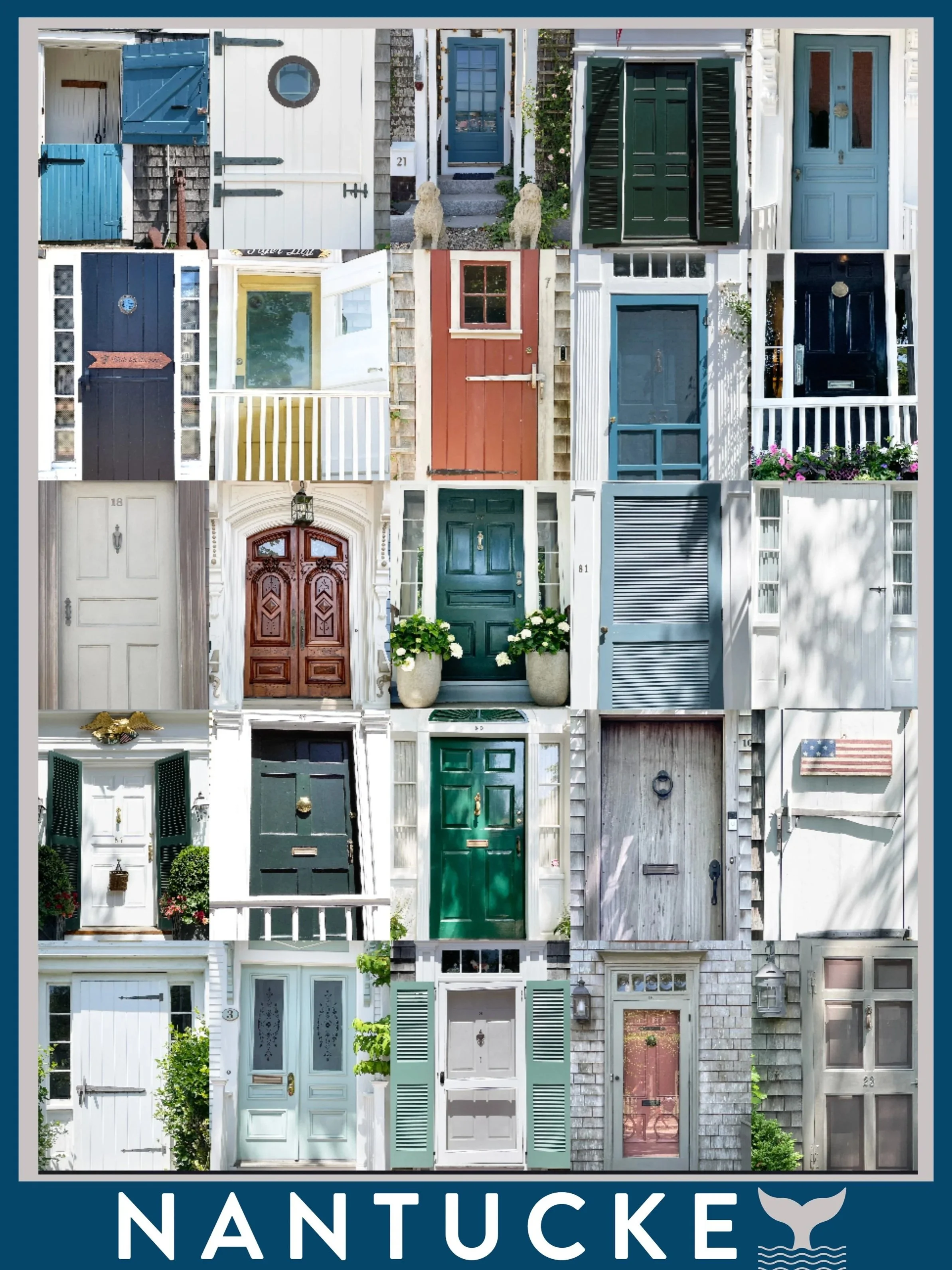 Collage of various colorful front doors of houses, each with unique styles and colors, under a banner that reads 'NANTUCKET' with a whale tail symbol.