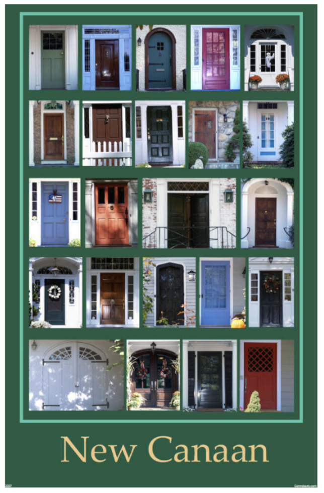 Collage of various colorful front doors on houses, with the text 'New Canaan' at the bottom.