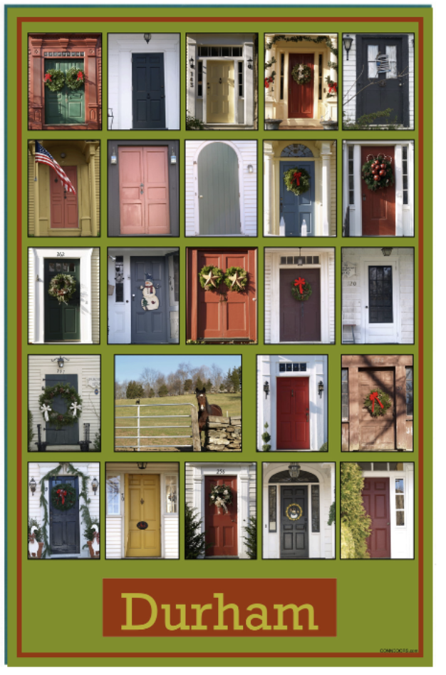 Collection of 20 decorated doors from Durham, arranged in a grid, with festive holiday wreaths and decorations, set against colorful house backgrounds.