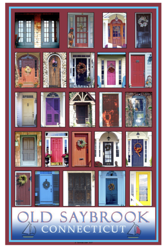 A collage of colorful doors from Old Saybrook, Connecticut.