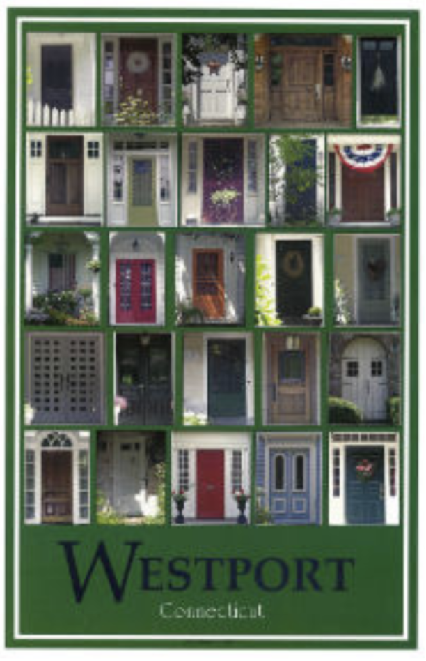Collection of various front doors from Westport, Connecticut, organized in a grid pattern on a green background.