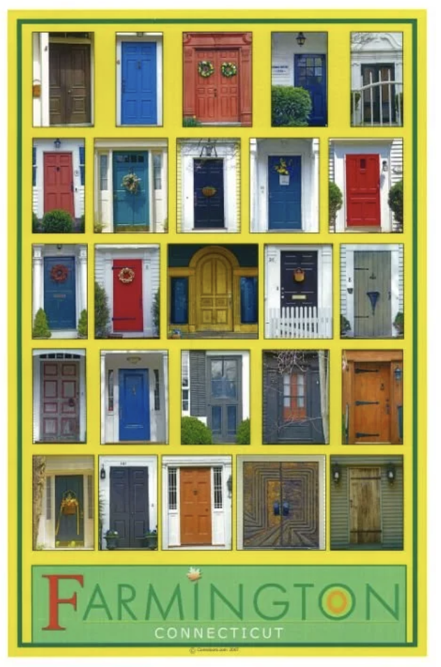 A colorful poster featuring 20 different house doors in various colors and styles, with a yellow border and a green section at the bottom saying 'Farmington, Connecticut'.
