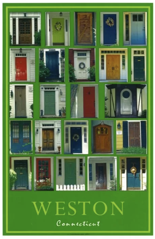 Collage of 20 different colorful front doors from homes in Weston, Connecticut, arranged in a grid with a green background and the town name at the bottom.