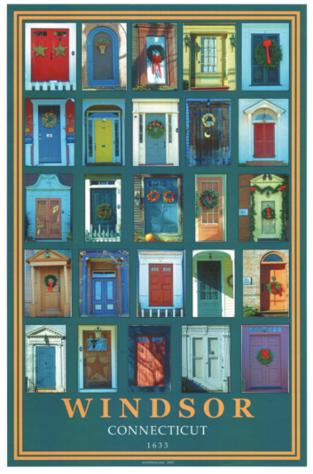 Display of various colorful front doors from Windsor, Connecticut, arranged in a grid with holiday wreaths and decorations.