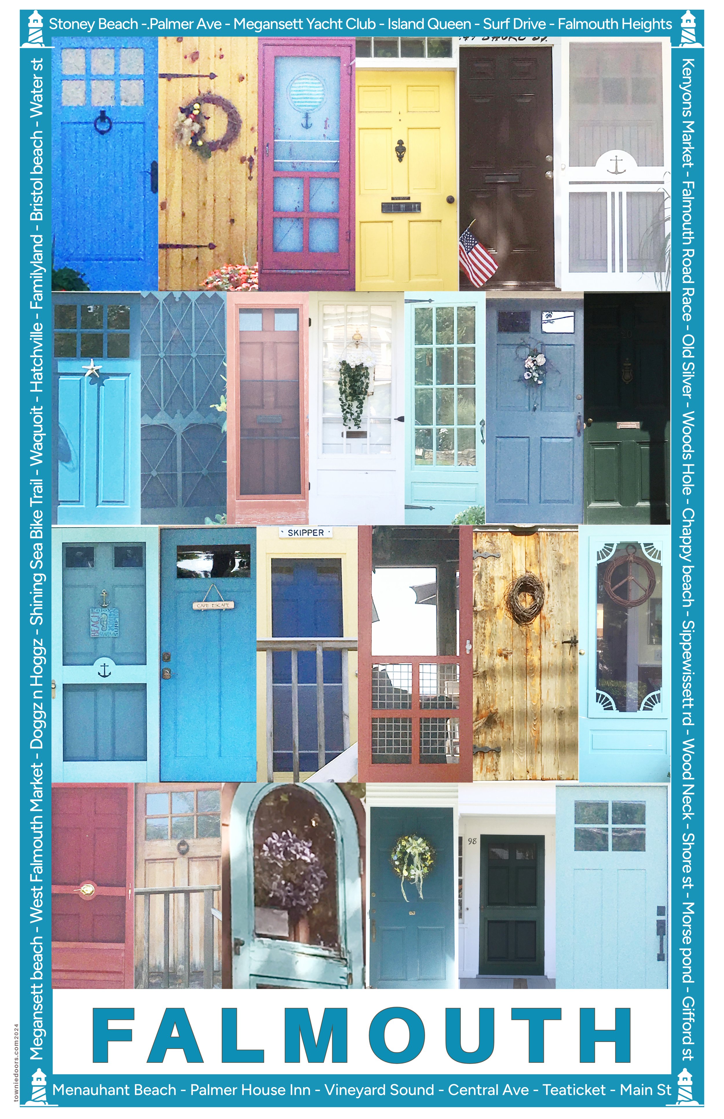 A collage of colorful house doors arranged in a grid, with various decorations and signs, including a star, wreaths, an American flag, and flowers, representing different neighborhoods and streets in Falmouth.