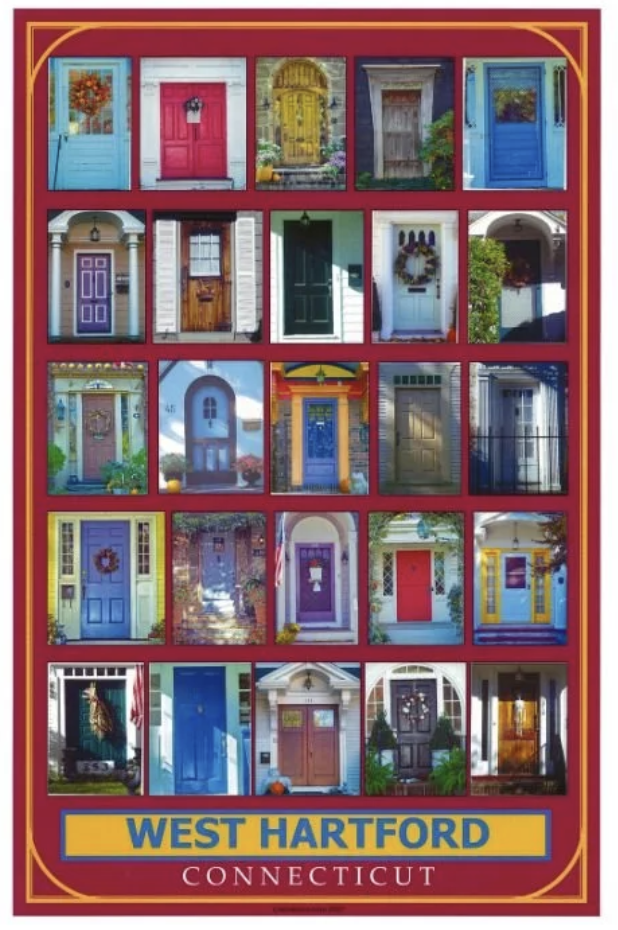 A collage featuring colorful doors from West Hartford, Connecticut.