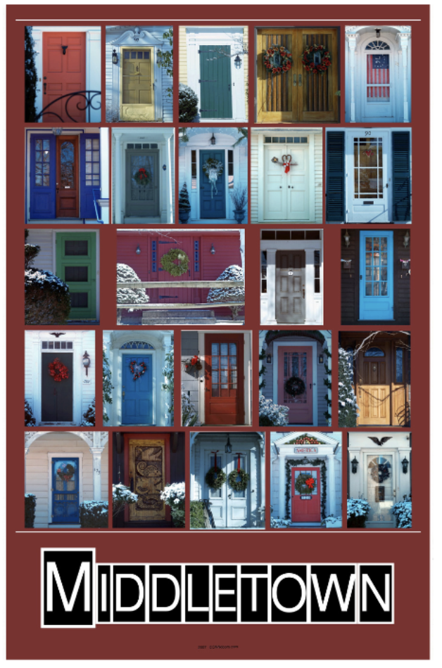 A collage of 20 colorful doors with holiday wreaths, set against a red background, titled 'MIDDLETOWN' at the bottom.