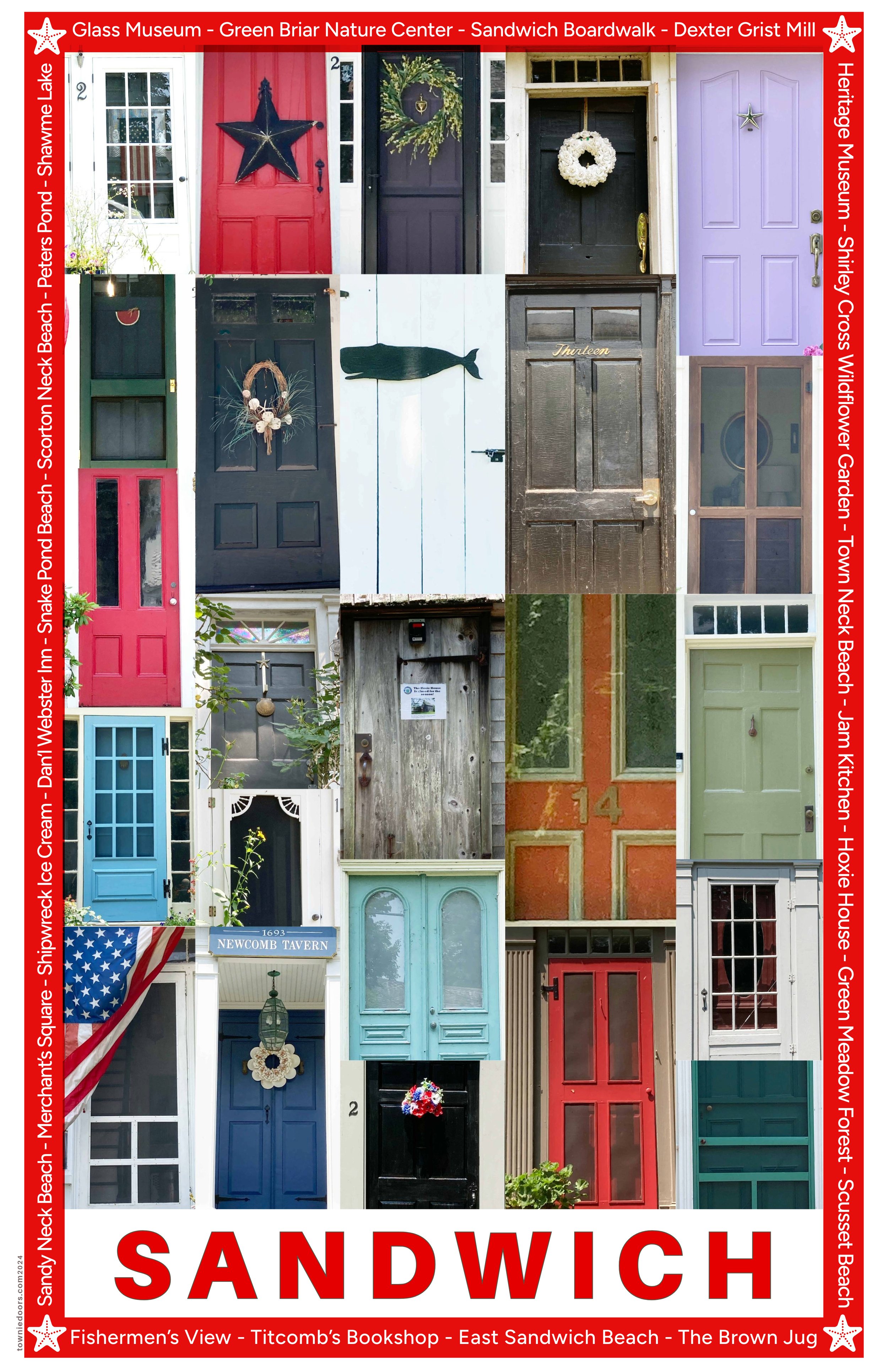 Collage of colorful house doors with various decorations, framed by a red border containing text about nearby attractions and landmarks.